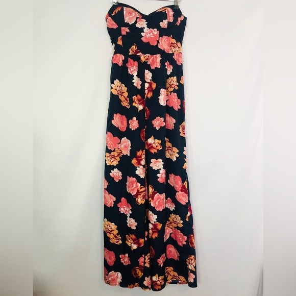 B.O.G Collection Navy Coral Strapless Smocked Wide Leg Jumpsuit Size S - Picture 1 of 11